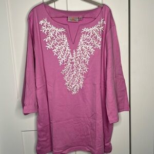 Quacker Factory Coral Embroidered V Neck Tunic Orchid NWT Womens Plus Size 2X